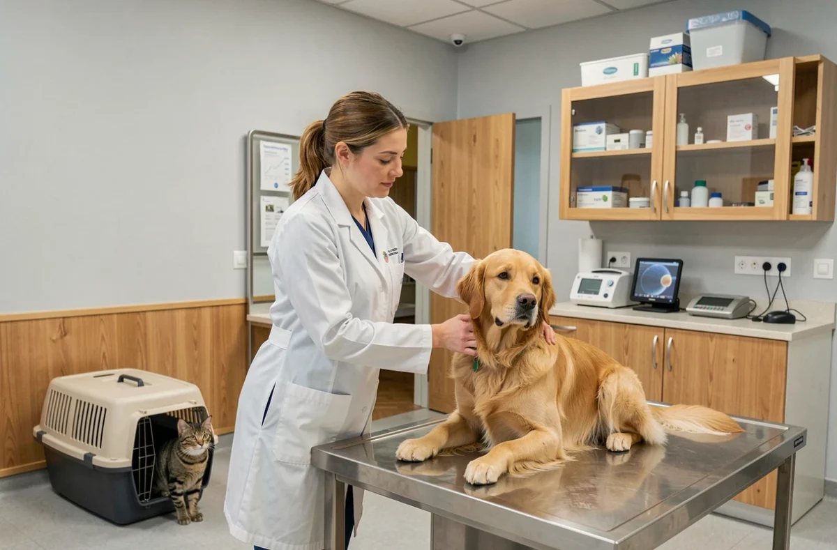 Vétérinaire en blouse blanche examinant un golden retriever dans une clinique vétérinaire moderne en Moselle