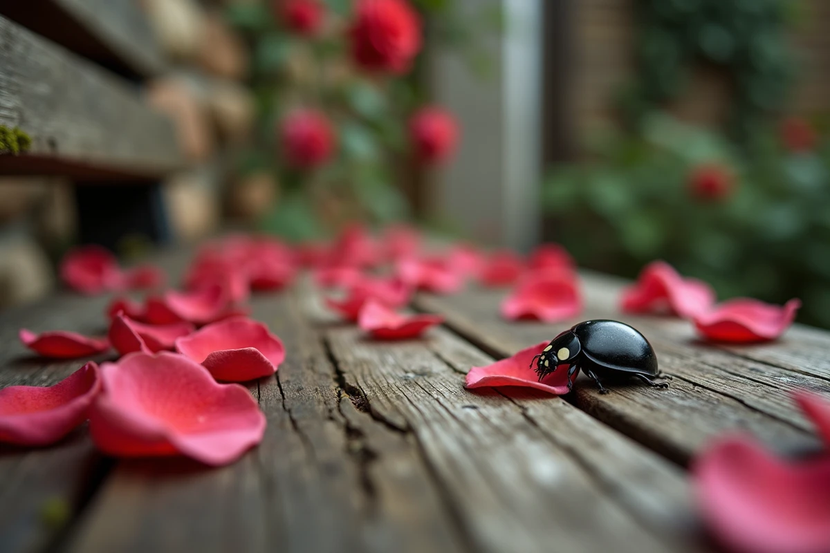 Coccinelle noire sur un banc en bois entouré de pétales de roses rouges, symbolisme amoureux
