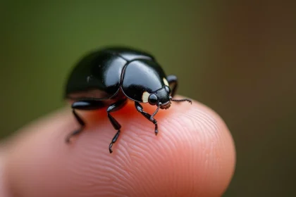 Coccinelle noire posée sur un doigt humain en macro, symbolisant la chance et l'amour
