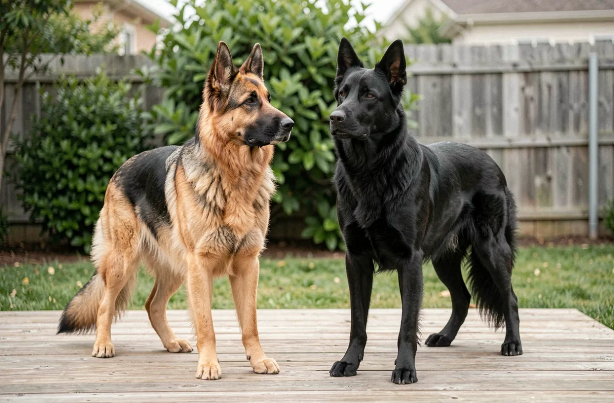 Comparaison côte à côte d'un Berger Allemand classique et d'un Berger Allemand noir sur une terrasse en bois, différences de pelage bien visibles