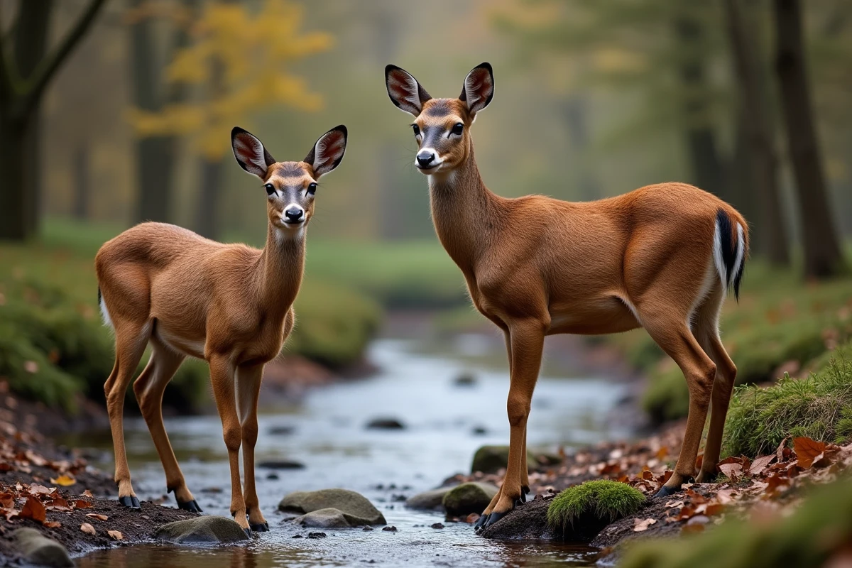Comparaison côte à côte d'un chevreuil et d'un cerf élaphe en forêt, illustrant clairement les différences de taille et de morphologie entre les deux espèces