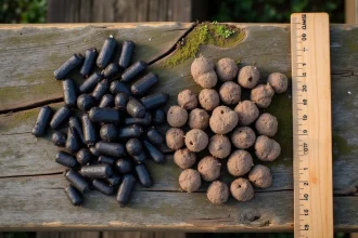 Comparaison macro de crottes d'animaux nocturnes et de rongeurs domestiques posées sur une planche en bois avec une règle pour l'échelle