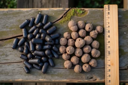 Comparaison macro de crottes d'animaux nocturnes et de rongeurs domestiques posées sur une planche en bois avec une règle pour l'échelle
