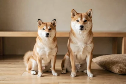 Comparaison entre un shiba inu de taille standard et un shiba inu plus petit assis côte à côte sur un parquet en bois
