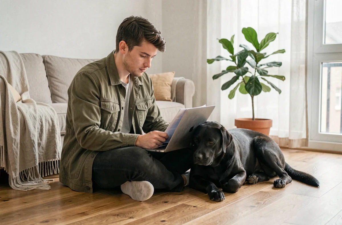 Jeune homme comparant des mutuelles pour chien sur ordinateur portable avec son labrador noir dans un appartement