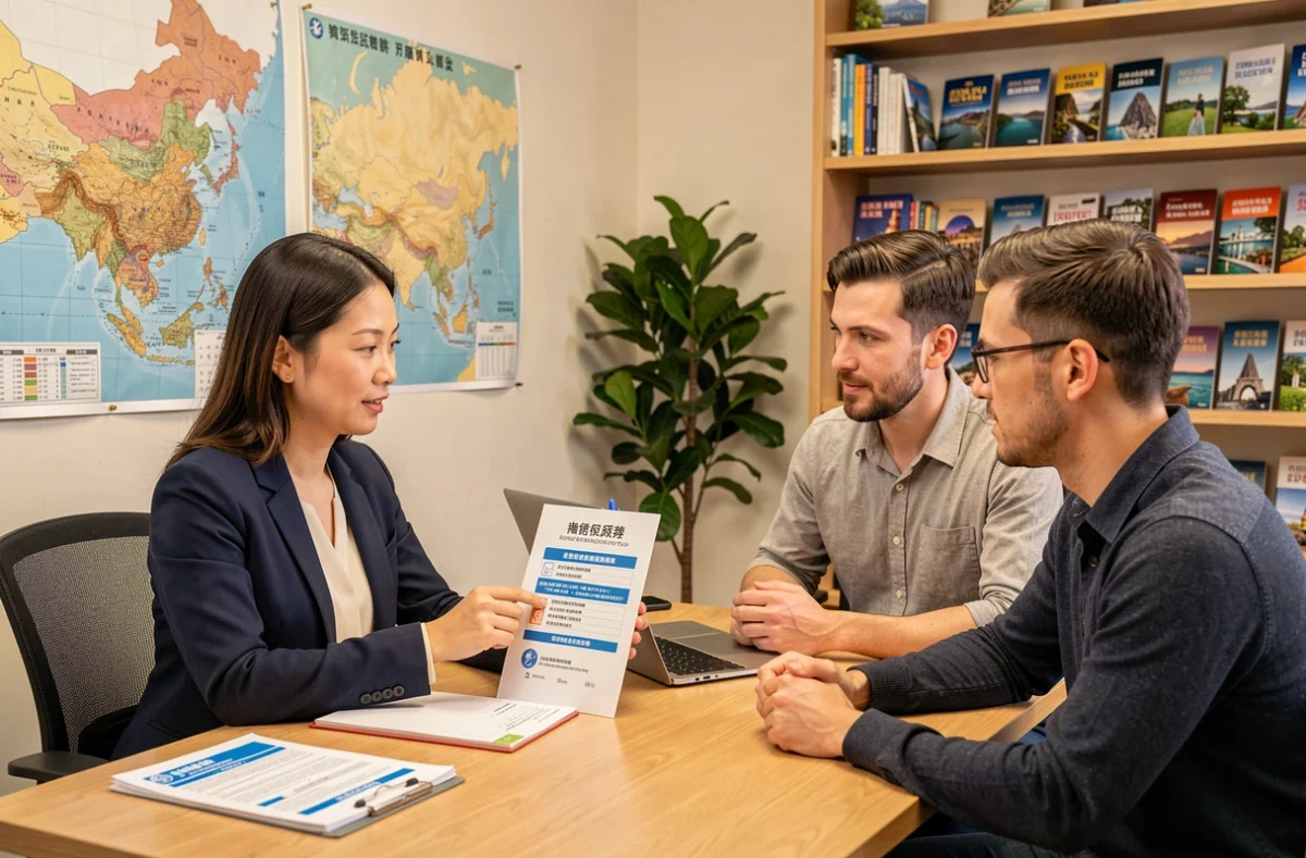 Conseillère en assurance voyage expliquant une couverture adaptée à la Chine à un couple de voyageurs occidentaux