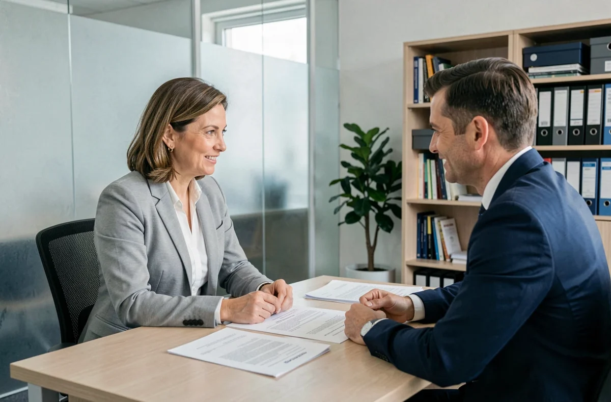 Femme discutant d'un contrat d'assurance emprunteur avec un conseiller financier dans un bureau professionnel