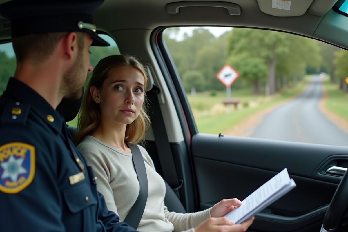 Jeune femme parlant à un policier dans une voiture en campagne