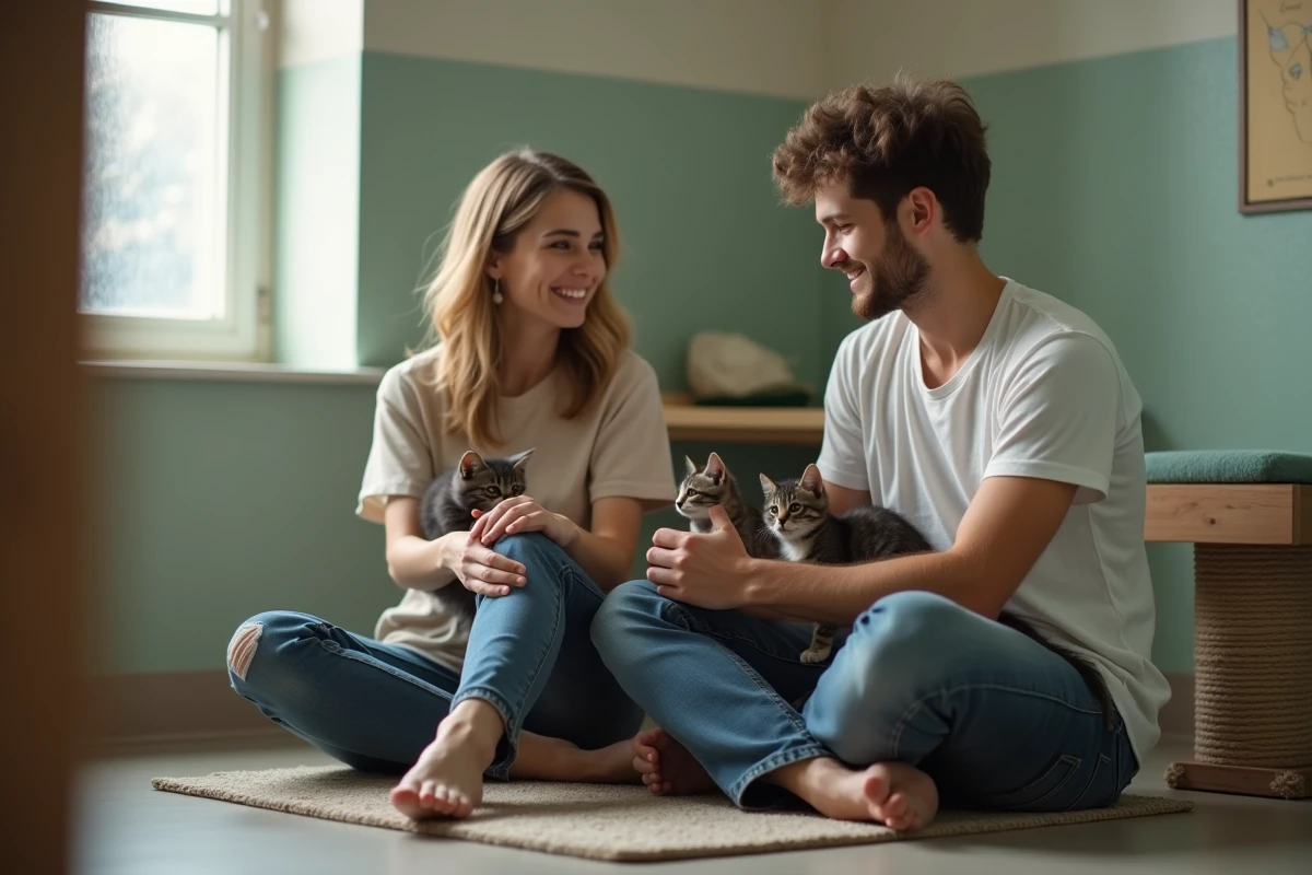 Couple en salle de socialisation d'un refuge, rencontrant des chatons avant adoption