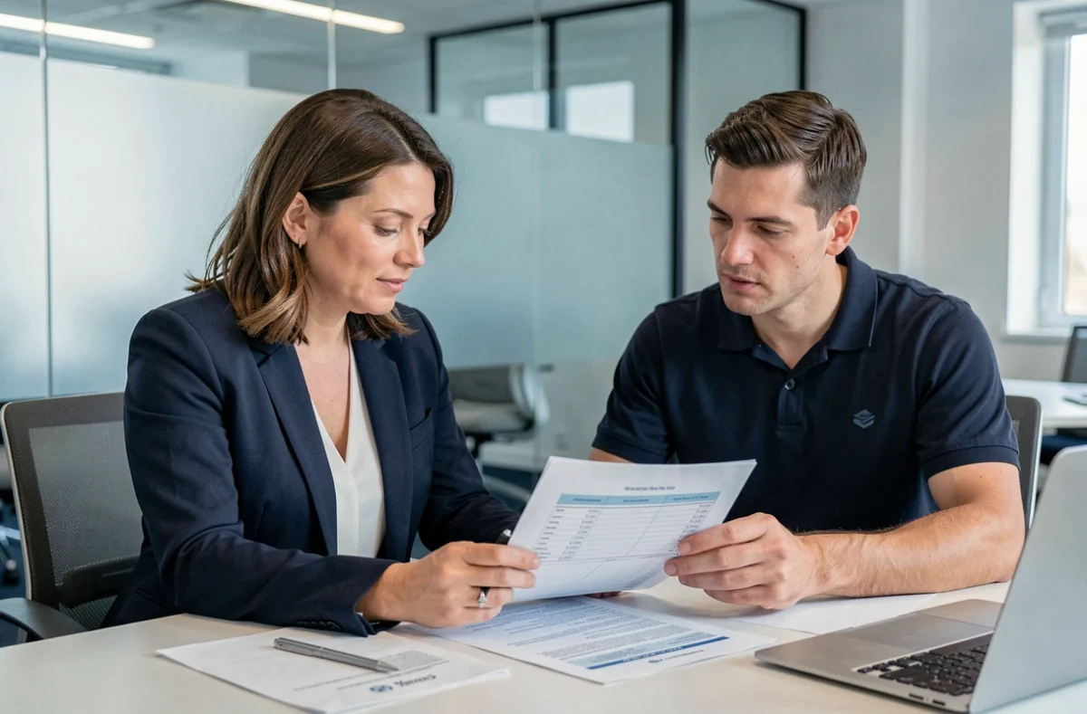 Courtière en assurance et artisan maçon comparant les tarifs d'une assurance décennale en bureau
