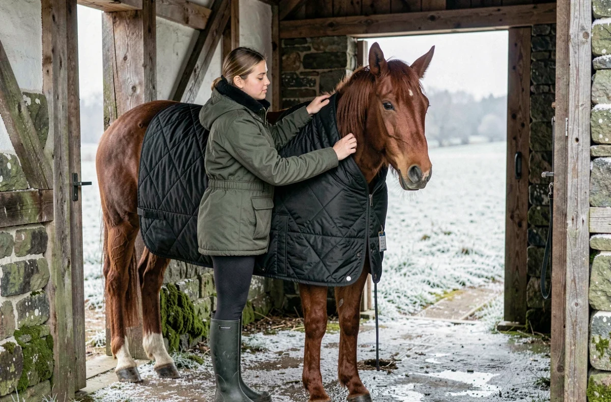 Jeune femme installant une couverture d'hiver sur un cheval alezan à l'entrée d'une grange