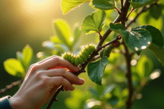 Personne cueillant des vers de terre verts sur un pommier en plein soleil