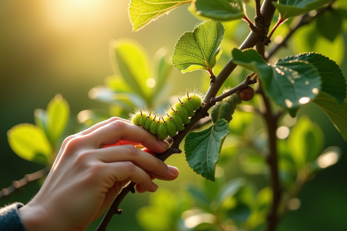 Personne cueillant des vers de terre verts sur un pommier en plein soleil