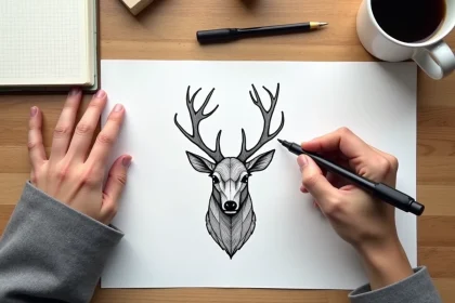 Mains d'un graphiste dessinant une tête de renne minimaliste au marqueur noir sur papier blanc, vue du dessus sur un bureau en bois