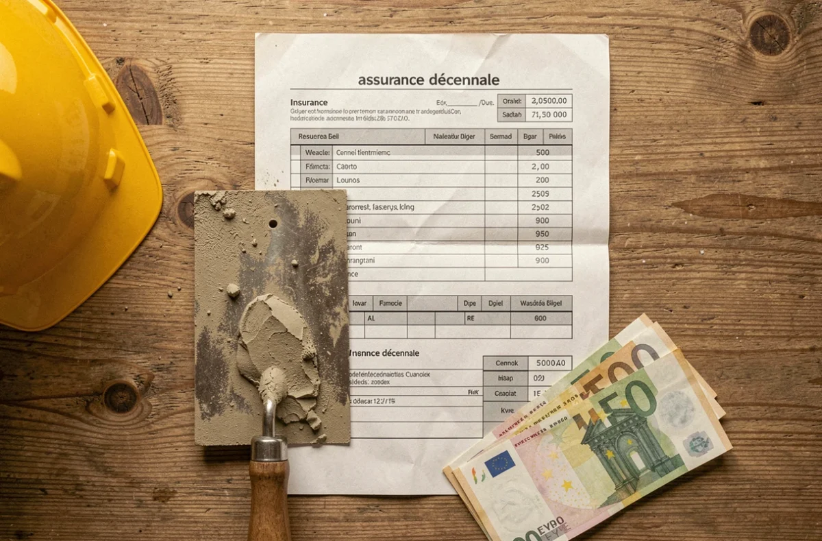 Documents d'assurance décennale maçonnerie posés sur un bureau avec truelle et billets en euros