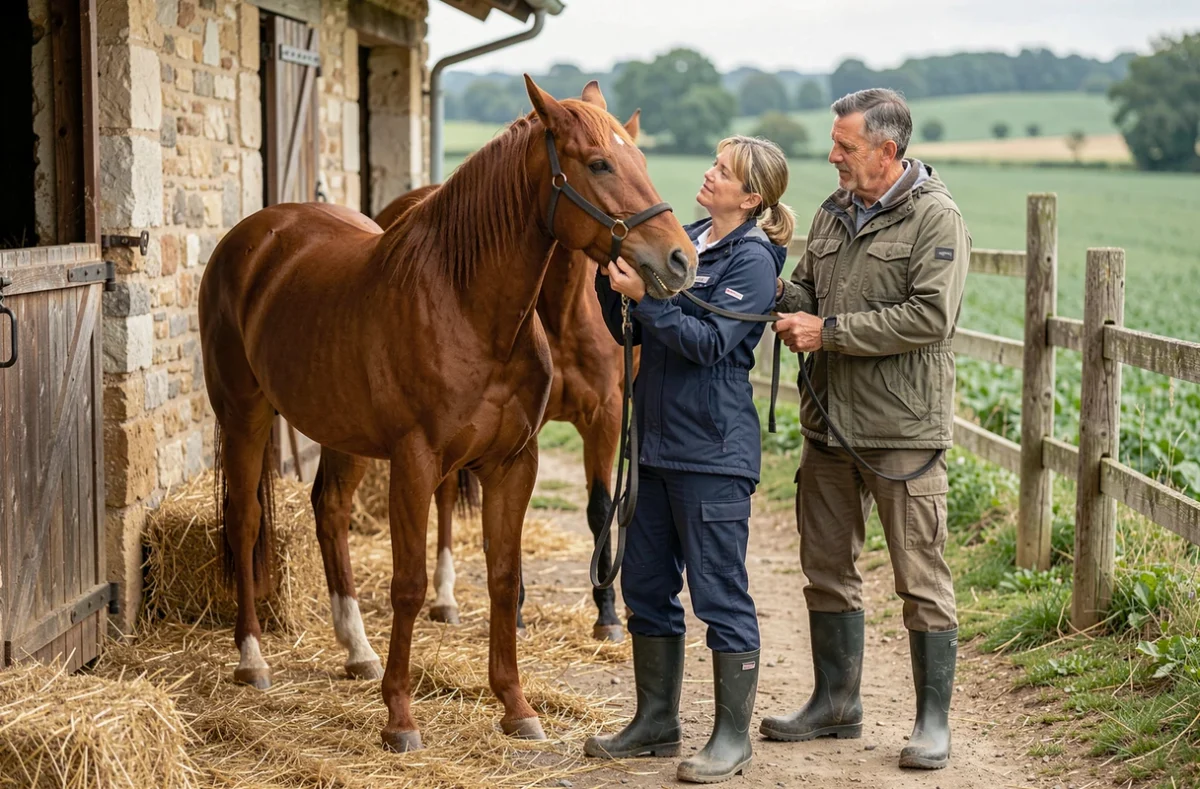 Vétérinaire équine examinant les dents d'un cheval bai dans une écurie du Loiret, représentant la pratique de Diane Liénasson Vétérinaire Equin