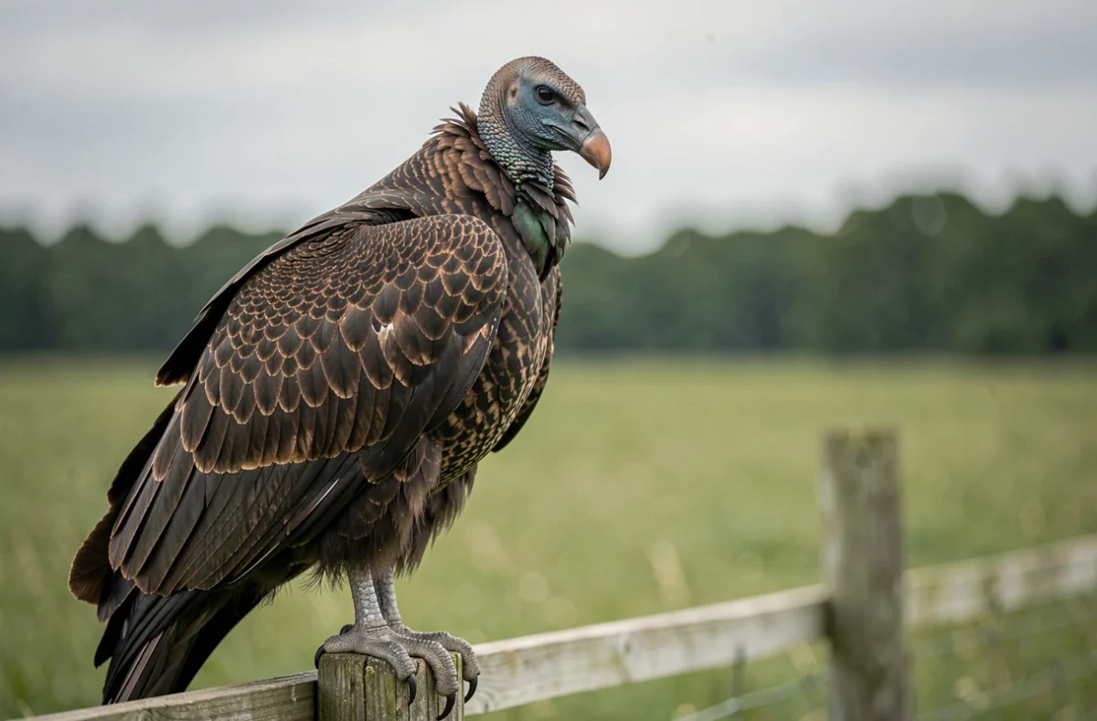 Dindon sauvage perché sur un poteau en bois dans une prairie américaine, plumage détaillé, photo réaliste pour enfants
