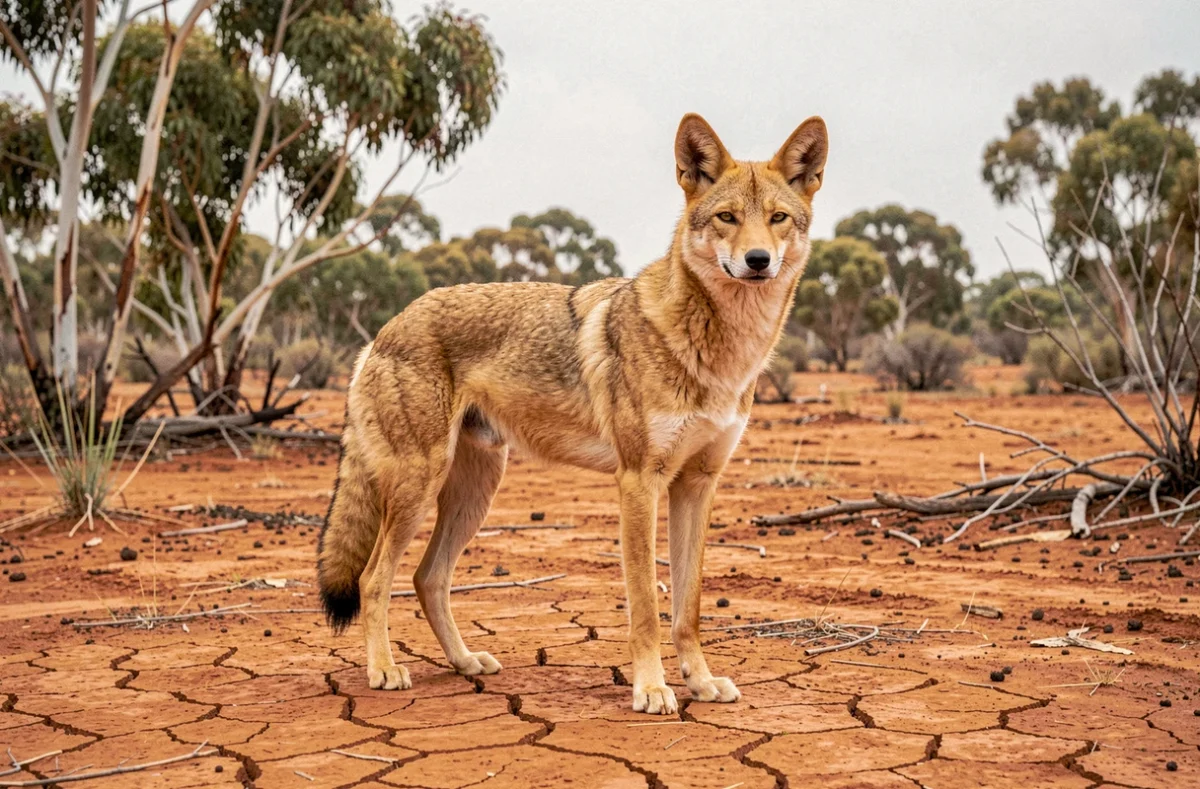Dingo sauvage debout sur un sol de terre rouge australienne, oreilles dressées, photo réaliste pour illustrer un animal commençant par D
