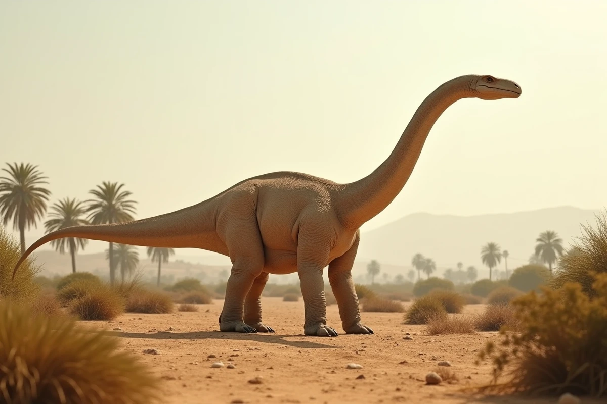 Diplodocus hallorum anciennement Seismosaurus dans une plaine jurassique, montrant sa longue queue fouet caractéristique