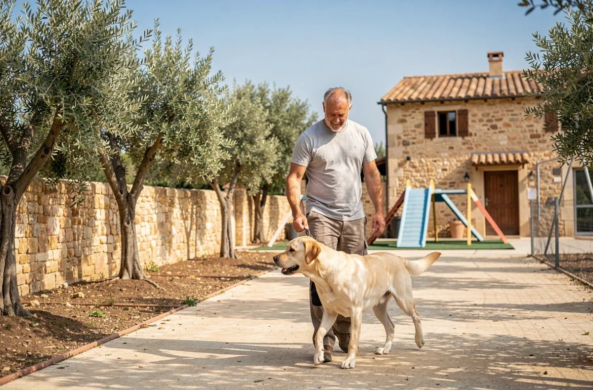 Soigneur et labrador dans les installations de Dogland, pension canine proche d'Aix-en-Provence