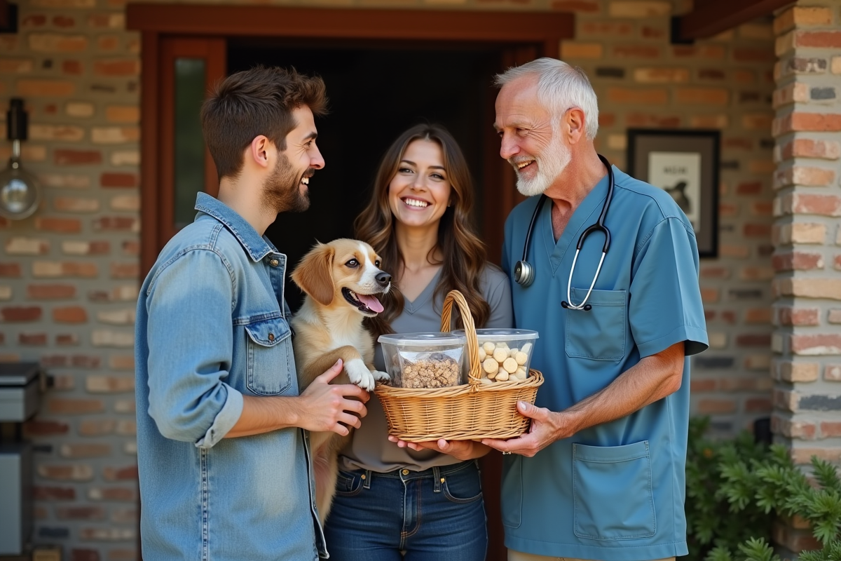 Couple avec chien offrant un panier de friandises à un vétérinaire dehors