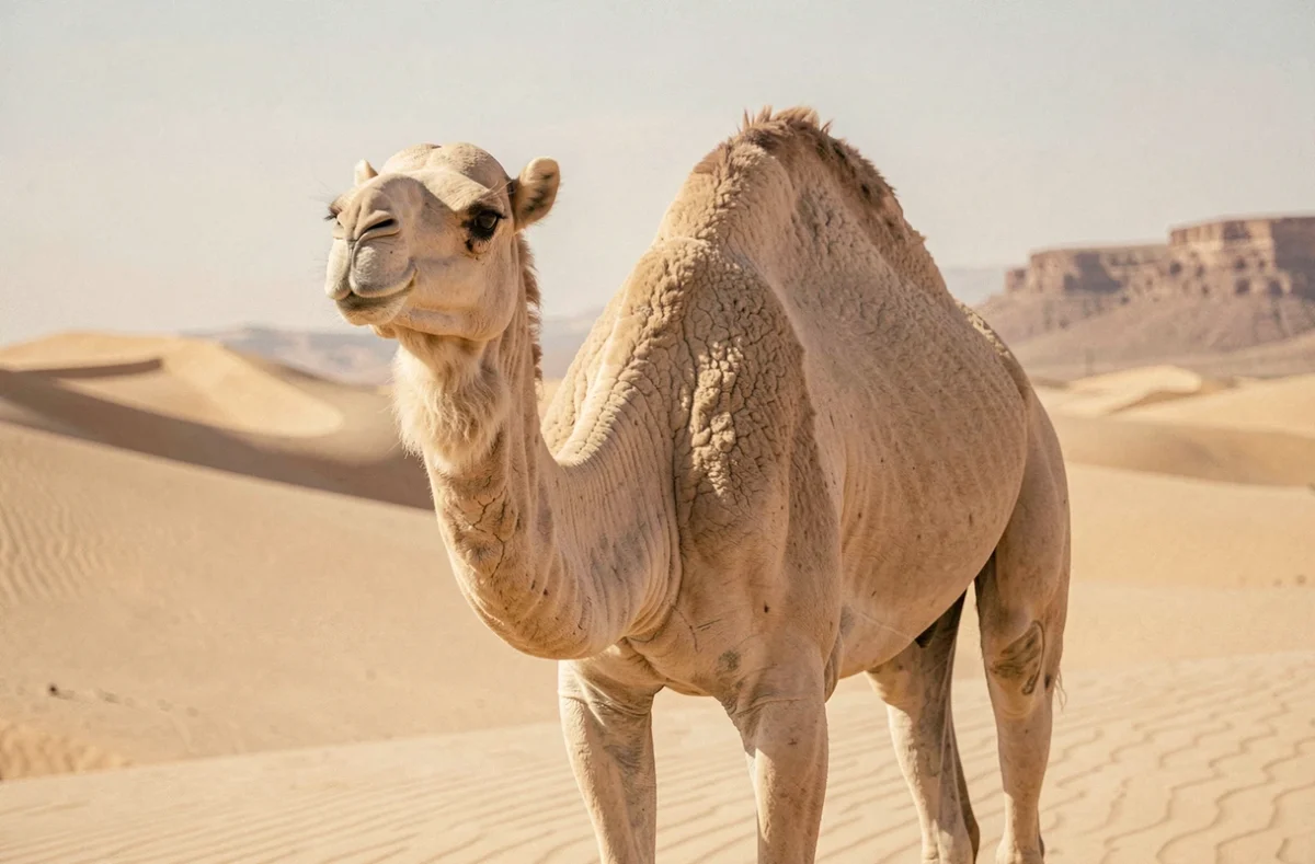 Dromadaire debout dans un désert de sable avec des dunes à l'arrière-plan, photo hyper-réaliste pour illustrer un animal commençant par la lettre D