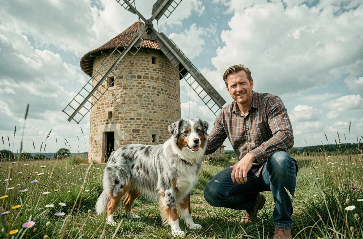 Berger Australien merle posant devant un vieux moulin dans le cadre de l'élevage du Moulin de la Rode