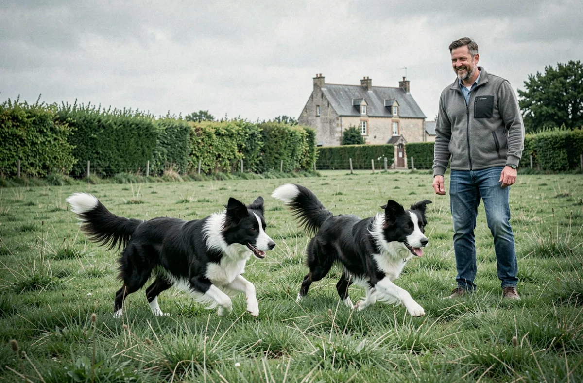 Deux Border Collies énergiques courant dans les prairies des Deux-Sèvres avec leur éleveur