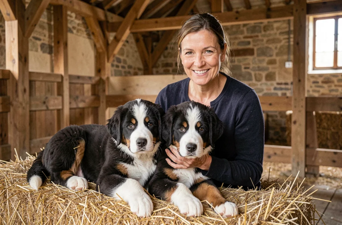 Chiots Bouvier Bernois avec leur éleveuse dans une grange rustique du nord des Deux-Sèvres