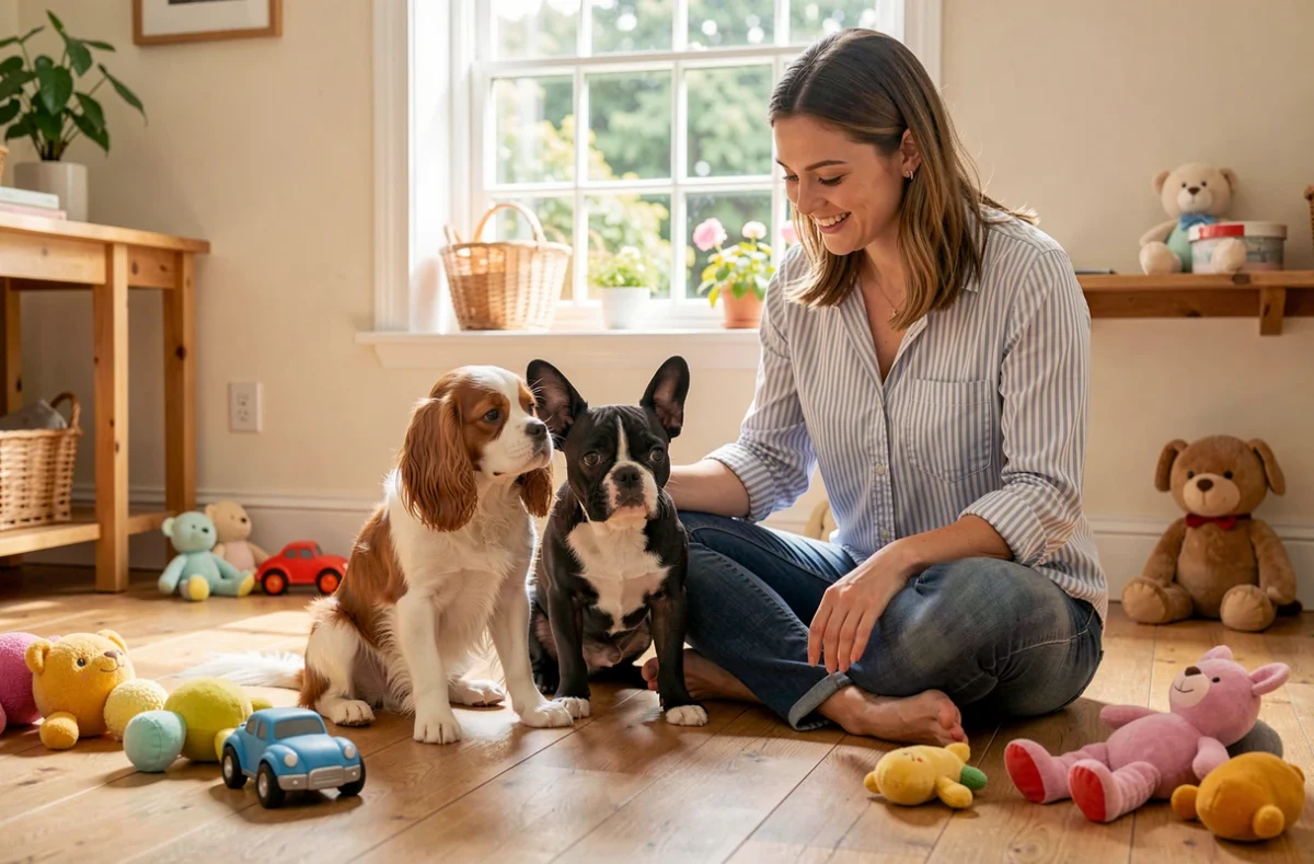 Chiot Cavalier King Charles et Bouledogue Français côte à côte chez l'éleveur EARL Crackers