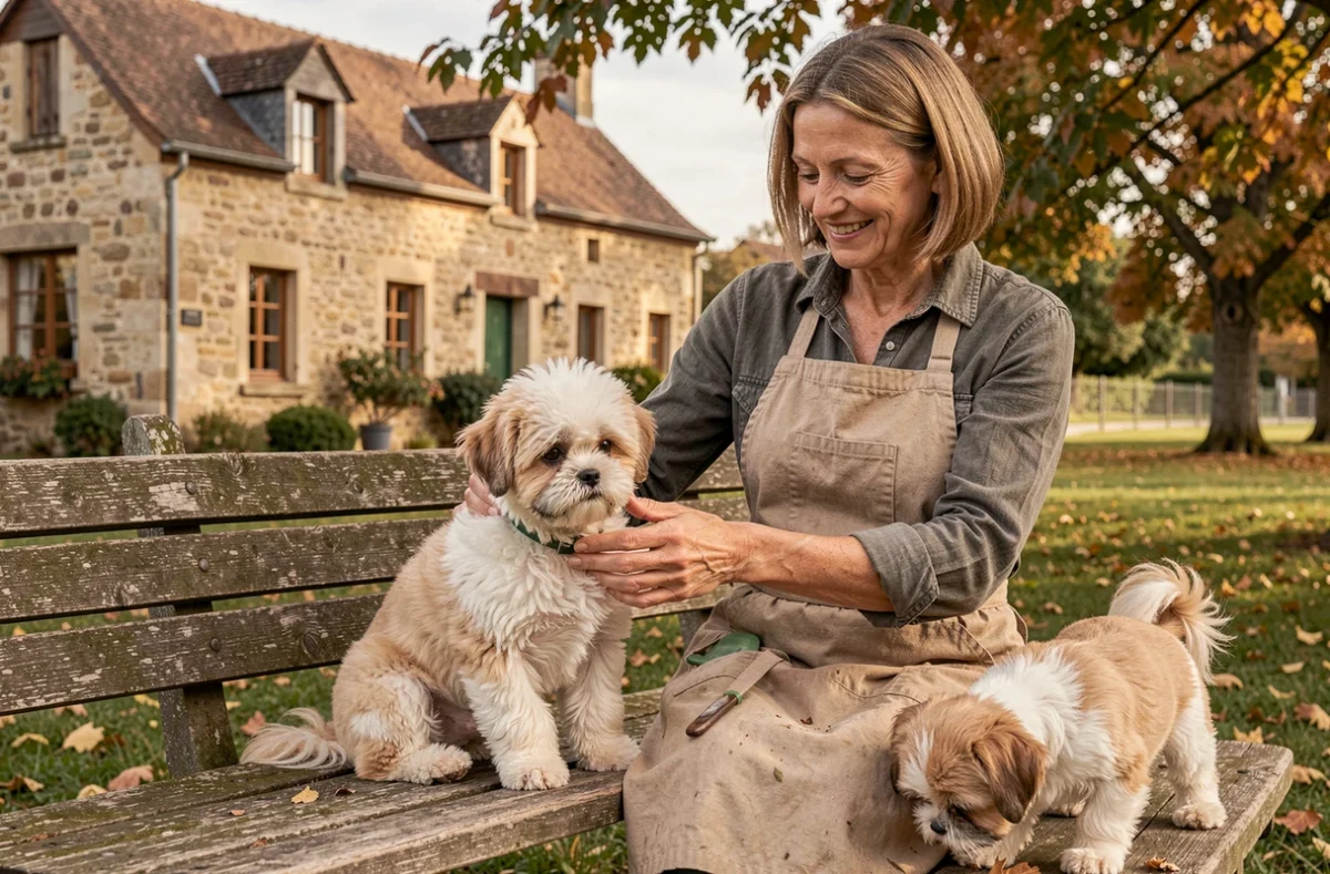 Éleveuse de petites races de compagnie avec ses chiots dans un cadre rural de la Châtaigneraie