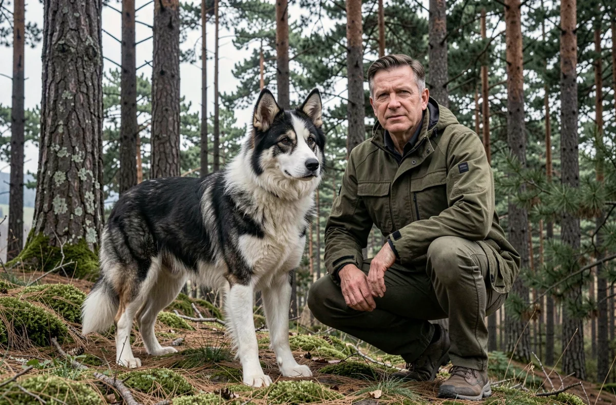 Chien d'Ours de Carélie debout dans une forêt de Haute-Vienne avec son éleveur