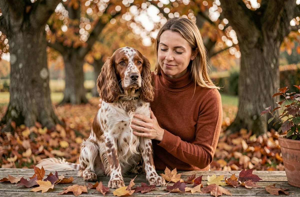 Cocker Anglais LOF aux oreilles soyeuses avec l'éleveuse Aurore Desse dans un jardin automnal en Nouvelle-Aquitaine