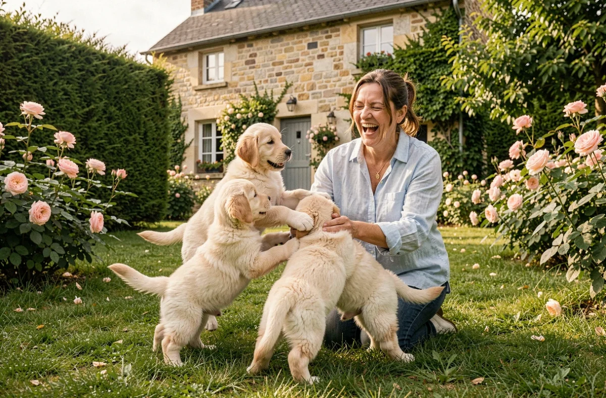 Chiots Golden Retriever jouant dans le jardin avec l'éleveuse Catherine Meyrick en Nouvelle-Aquitaine