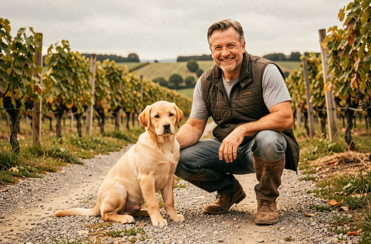 Chiot Labrador Retriever assis sur un chemin de vignes en Nouvelle-Aquitaine avec l'éleveur Antoine de Blic