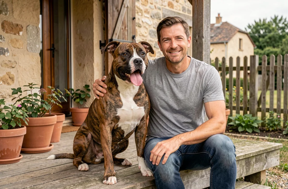 Staffordshire Bull Terrier bringé avec l'éleveur Jérémy Blain sur une terrasse en bois dans le Sud-Ouest