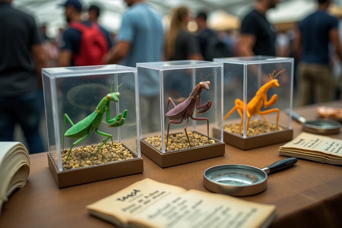 Table d'éleveur présentant trois morphes de couleur de mante Idolomantis diabolica dans des enclos transparents lors d'une foire d'insectes exotiques, vert émeraude violet et orange ambre