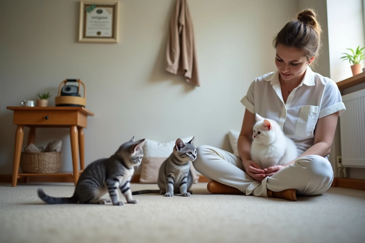 Éleveuse responsable de British Shorthair entourée de chatons dans une chatterie professionnelle certifiée