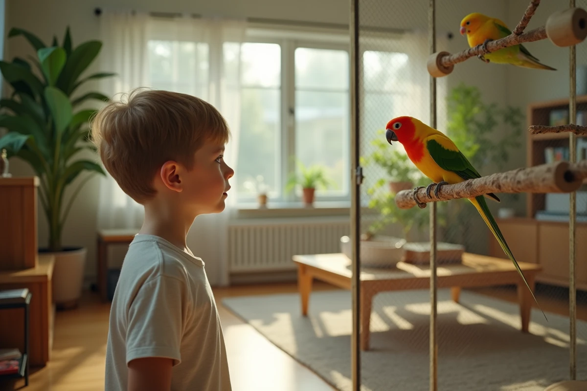 Jeune garçon observant un perroquet rosella dans une volière