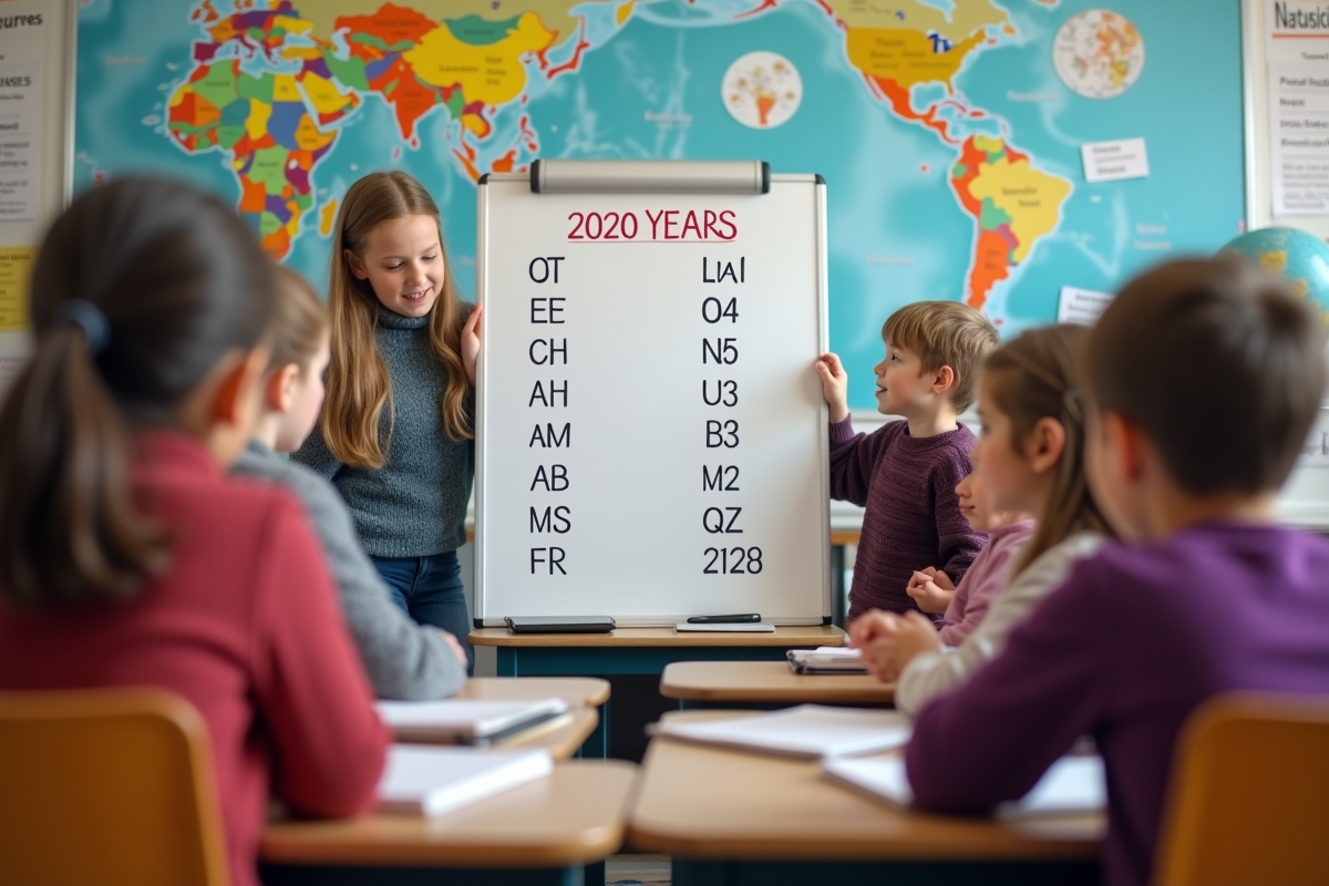 Enfants devant un tableau avec lettres de noms de chats