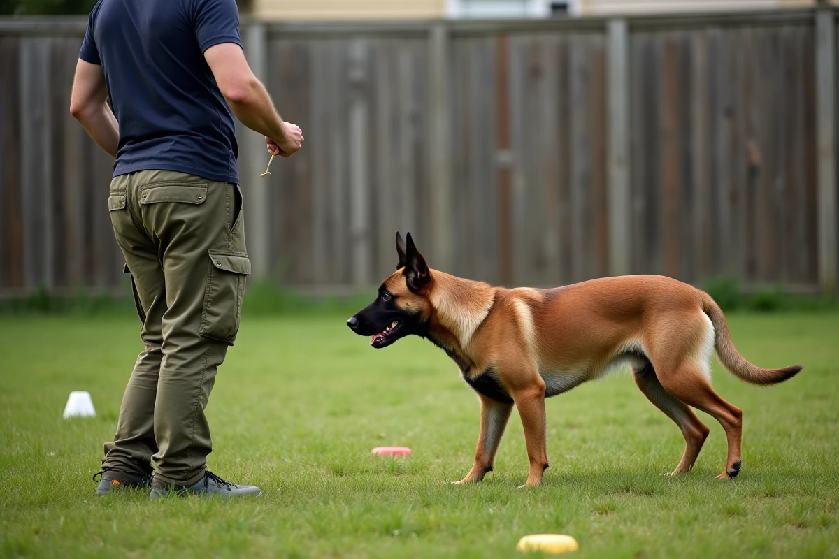 Séance d'entraînement dans un jardin avec un chien Malinois croisé Labrador et son propriétaire débutant
