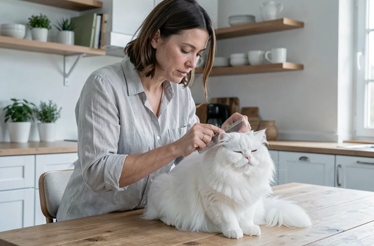 Femme qui brosse soigneusement un chat persan blanc aux longs poils sur une table en bois dans une cuisine moderne, mettant en valeur l'entretien du pelage des races à poils longs