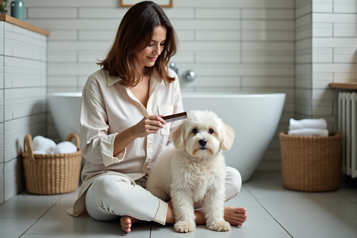 Femme qui peigne délicatement le pelage blanc de son Bichon Maltais dans une salle de bain familiale après le bain