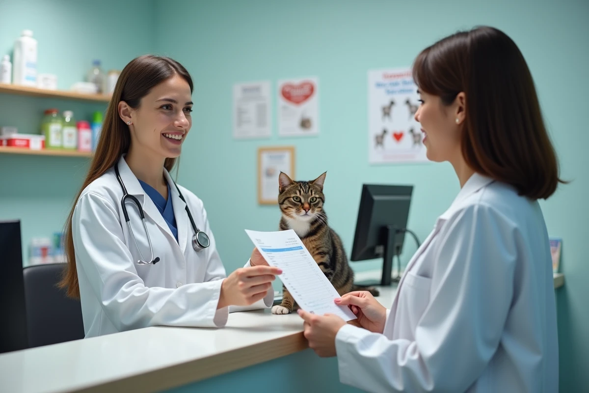 Vétérinaire remettant une facture à une propriétaire d'animal pour faciliter le remboursement de l'assurance