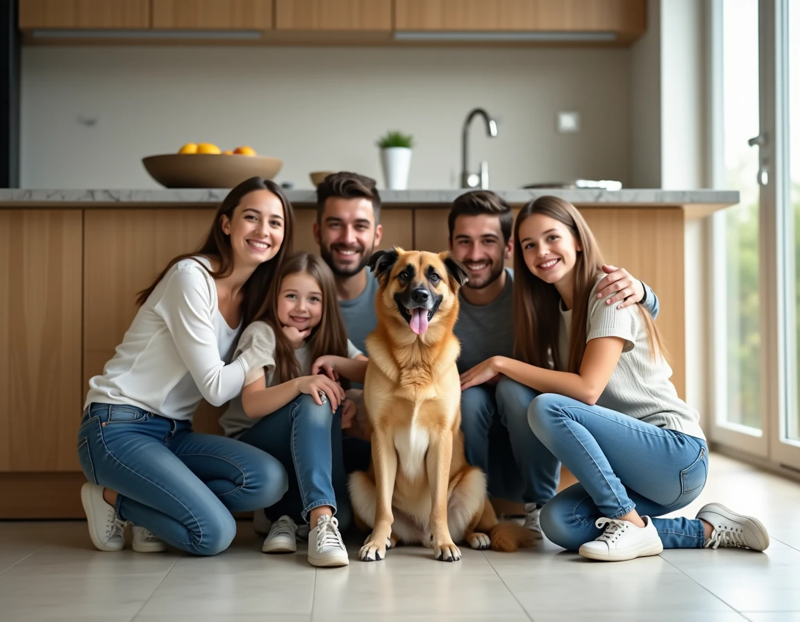Famille souriante réunie autour de leur chien adopté dans une cuisine moderne, témoignant d'une adoption réussie grâce au Fonds Saint Bernard