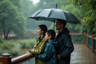 Famille sous un parapluie observant des animaux au parc animalier de Strasbourg sous la pluie
