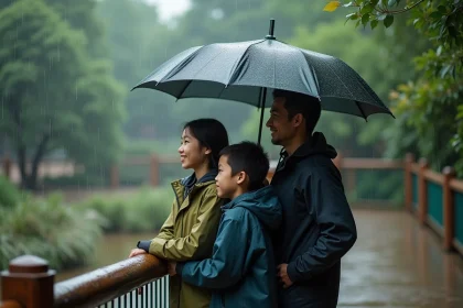 Famille sous un parapluie observant des animaux au parc animalier de Strasbourg sous la pluie