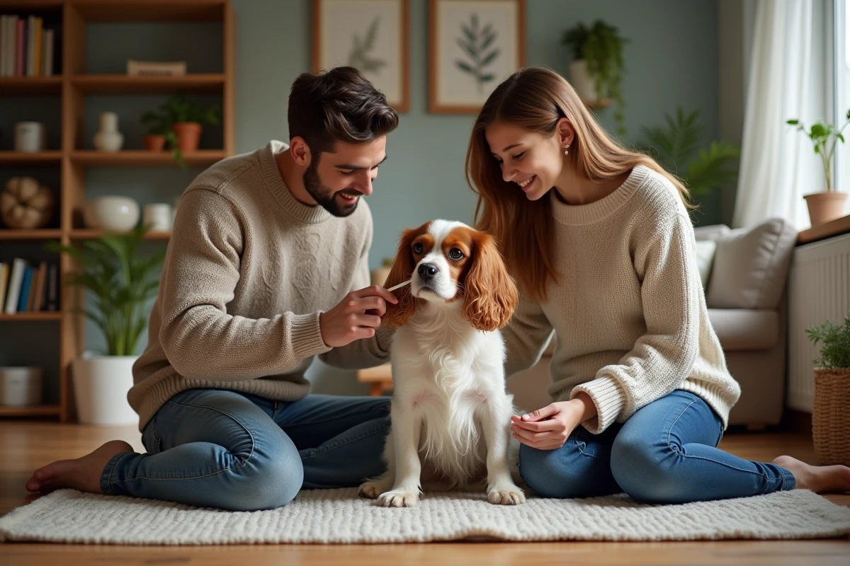 Famille prenant soin de leur chien dans le salon