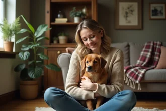 Femme adoptante tenant affectueusement un chien de refuge dans son salon, illustrant l'expérience positive d'adoption via le Fonds Saint Bernard