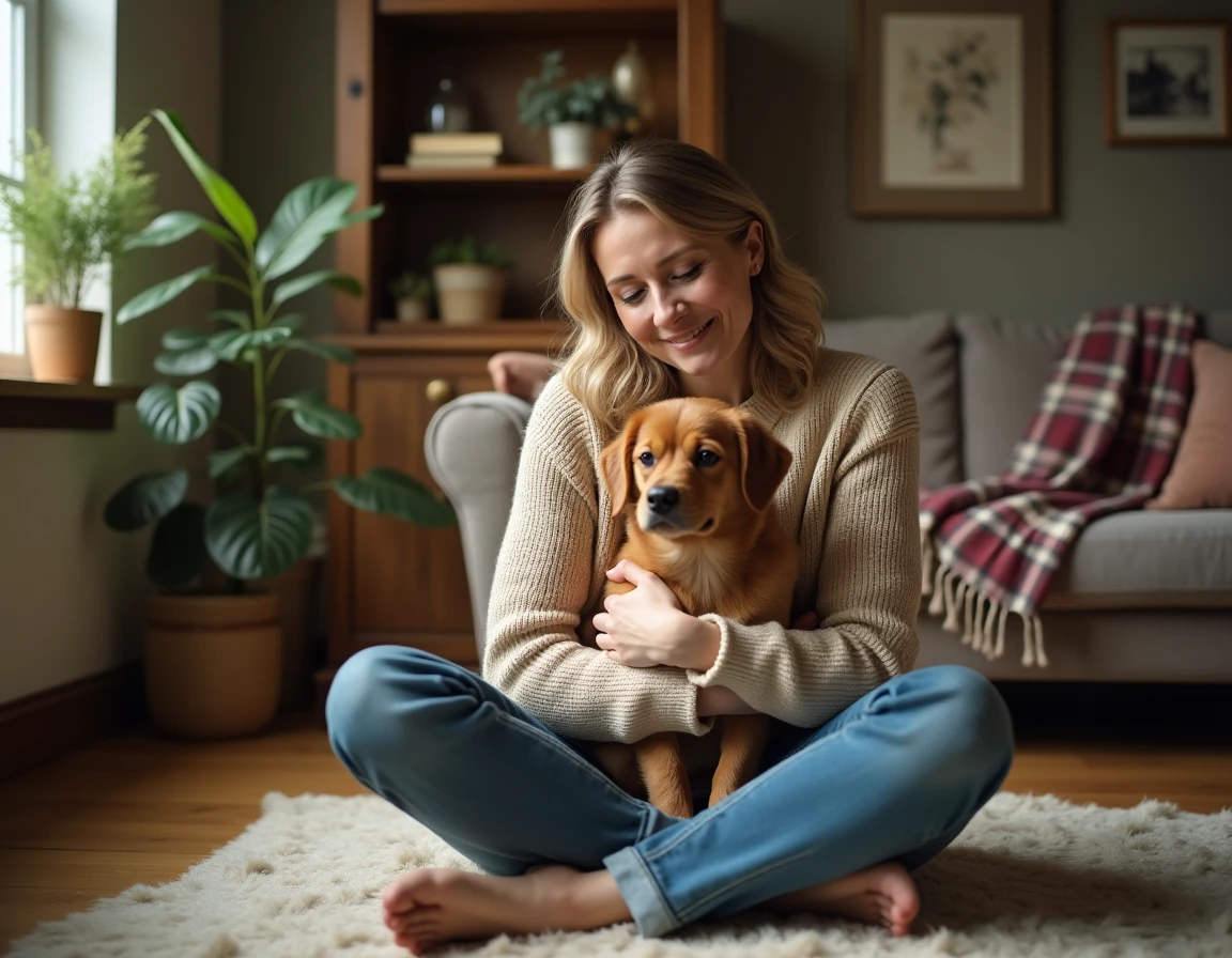 Femme adoptante tenant affectueusement un chien de refuge dans son salon, illustrant l'expérience positive d'adoption via le Fonds Saint Bernard